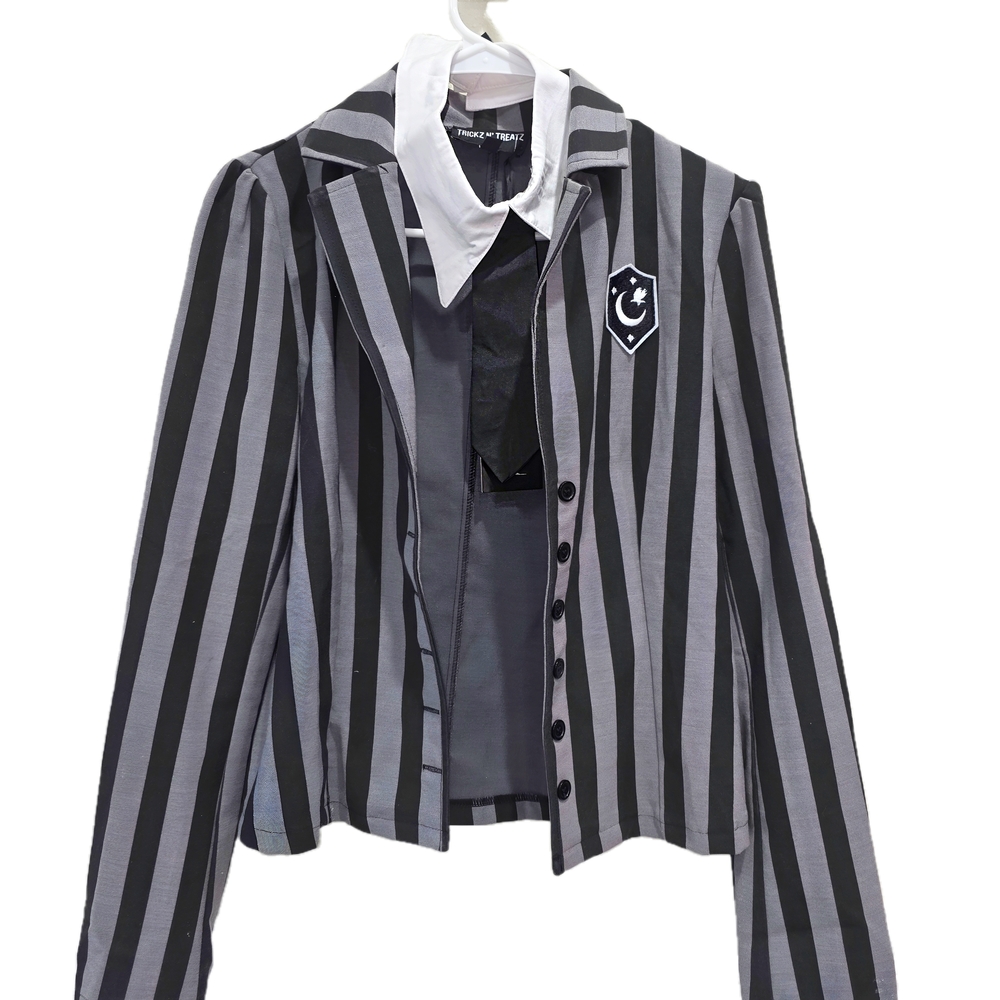 NWT Dollskill Wednesday Adams black/grey striped button up w tie collar Size s